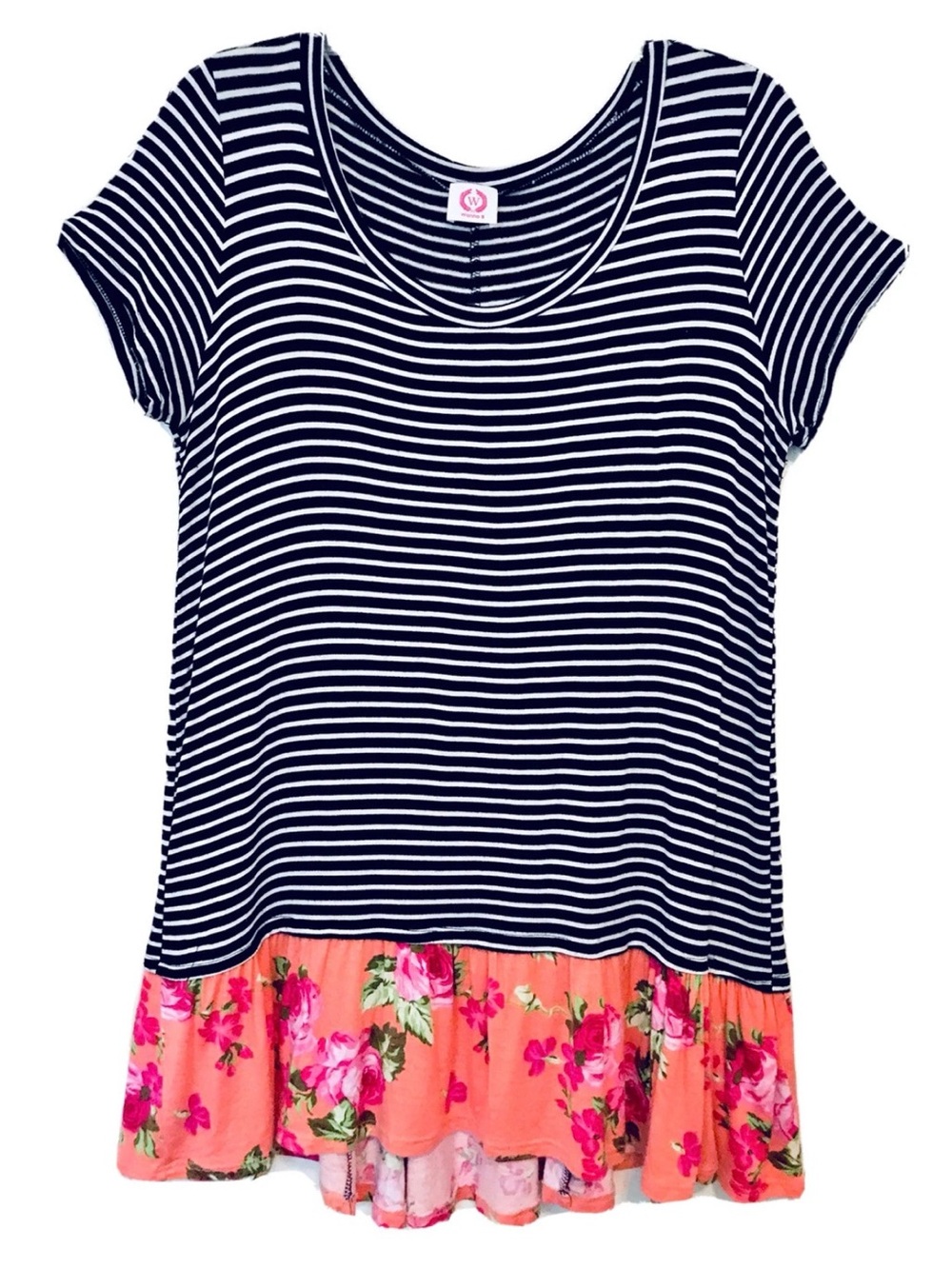 Wanna B Womens Size M Black & White Striped Floral Ruffle High Low Hem Tunic Top